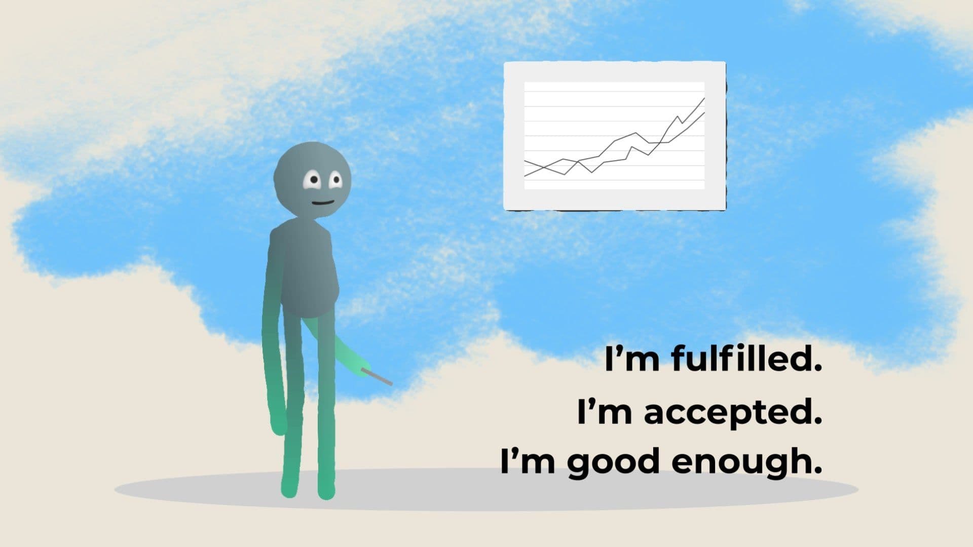 A figure presenting at a whiteboard beside the words I'm fulfilled, I'm accepted, I'm good enough