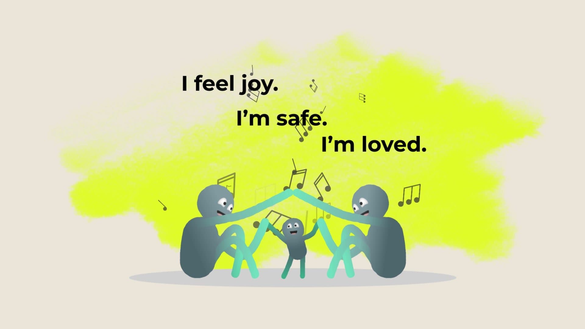 A family dancing beside the words I feel joy, I'm safe, I'm loved
