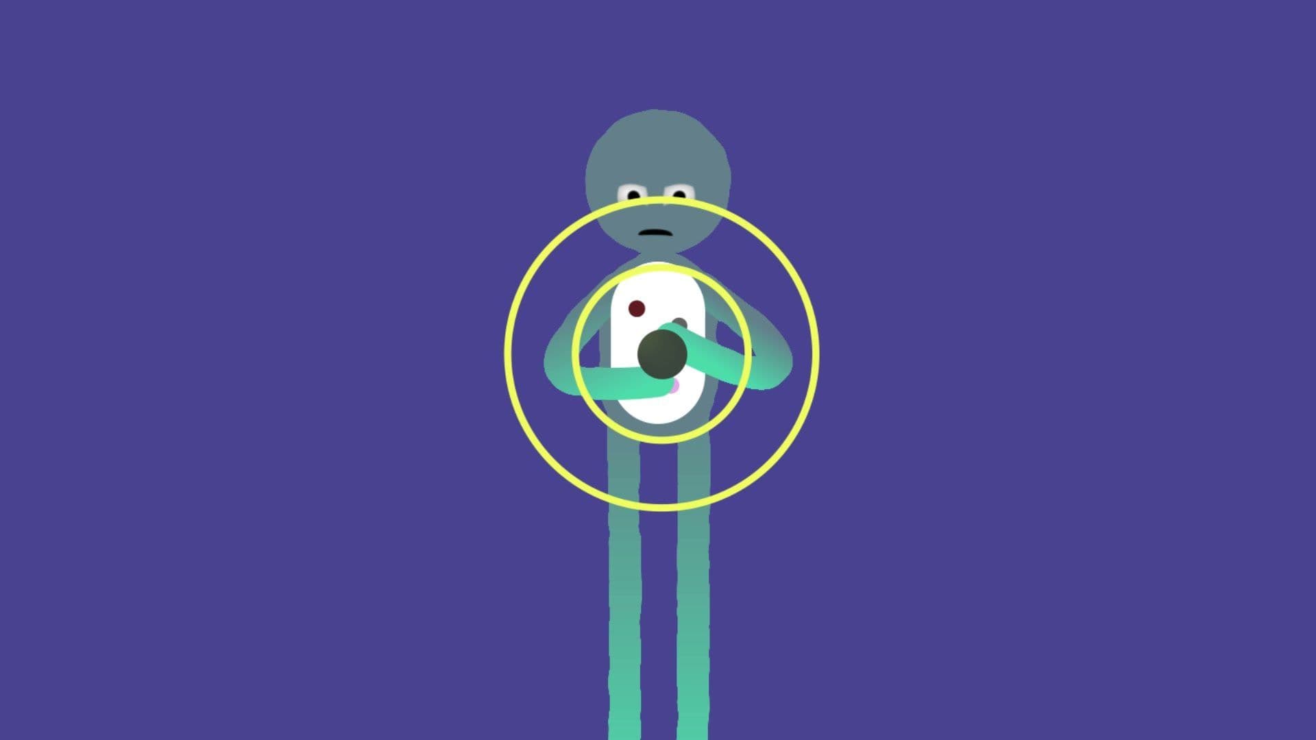 A figure holding a dark emotion to their chest, circled by a gold ring