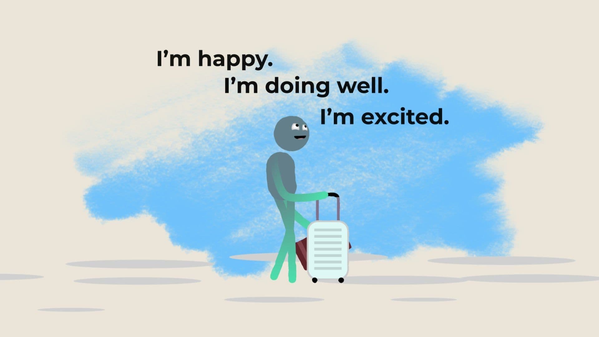 A traveller with a suitcase beside the words I'm happy, I'm doing well, I'm excited